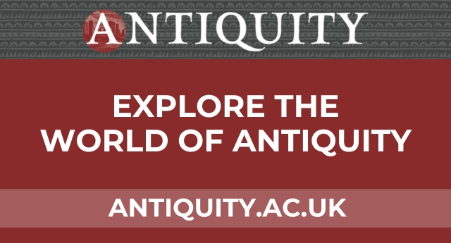 Promotional banner for Antiquity featuring the website's logo with text reading "Explore the World of Antiquity" above the URL antiquity.ac.uk, set against a red background.